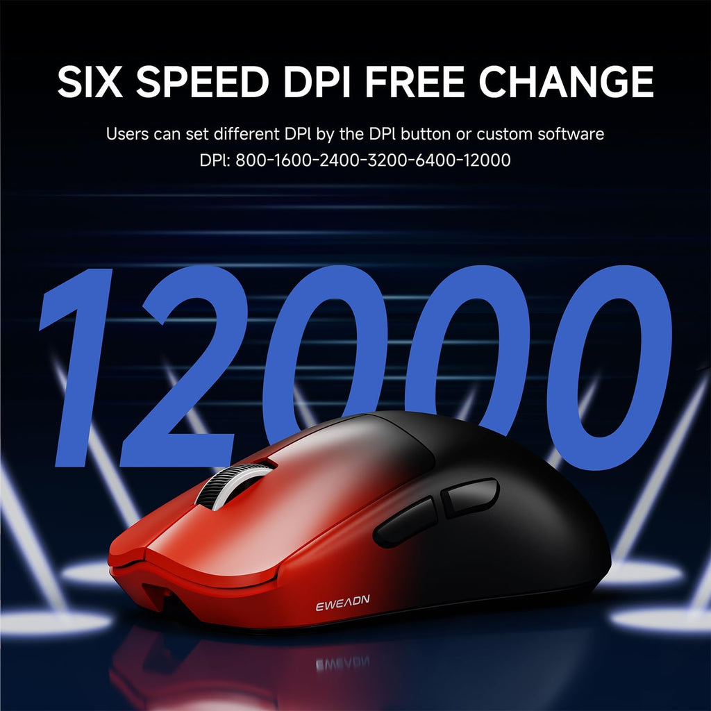 EWEADN X23Pro Wireless Gaming Mouse, 2.4G/BT5.0/USB-C Esports Gaming Mouse, 49g Lightweight Mouse Gaming, 12000 DPI Wireless Mouse with 6 Programmable Buttons, for Laptop/PC/Mac, Black-red