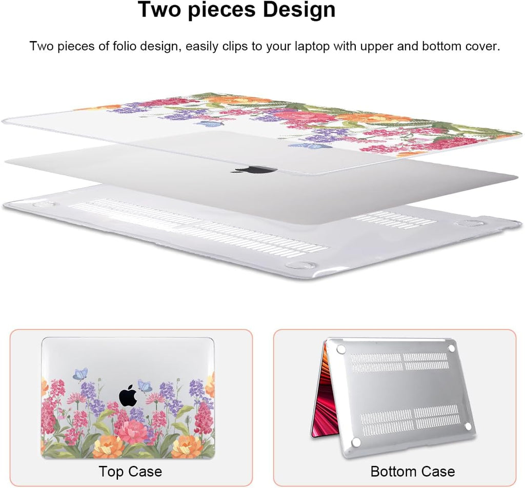 for MacBook Air 13 inch M1 Case 2021 2020 2019 2018 (Model M1 A2337 A2179 A1932) with Touch ID & Retina Display, Printed Pattern Hard Shell Case Keyboard Cover, Pink & Purple Flowers