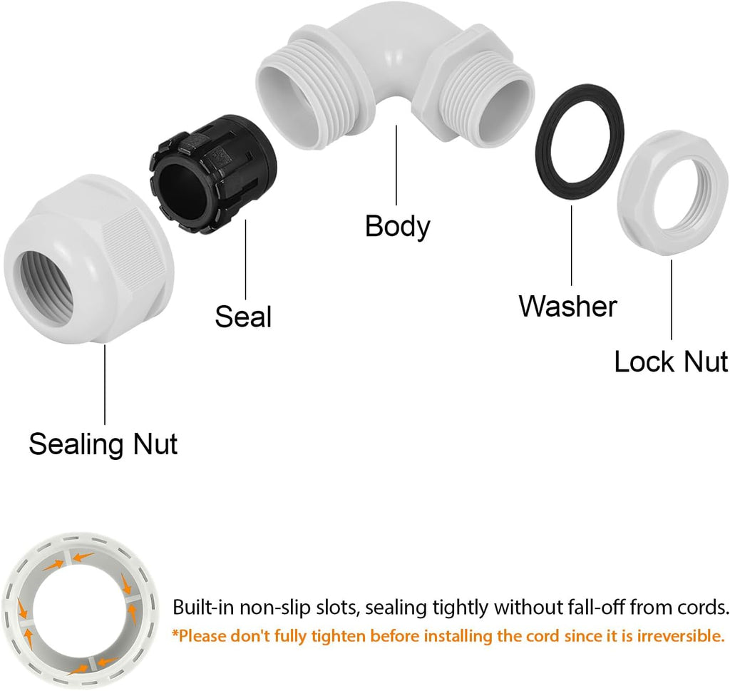 LeMotech M25 Cable Gland, 90 Degree Adjustable 13-18mm Strain Relief, Cord Connectors Nylon Joints with Gaskets, 2 Pcs, Grey