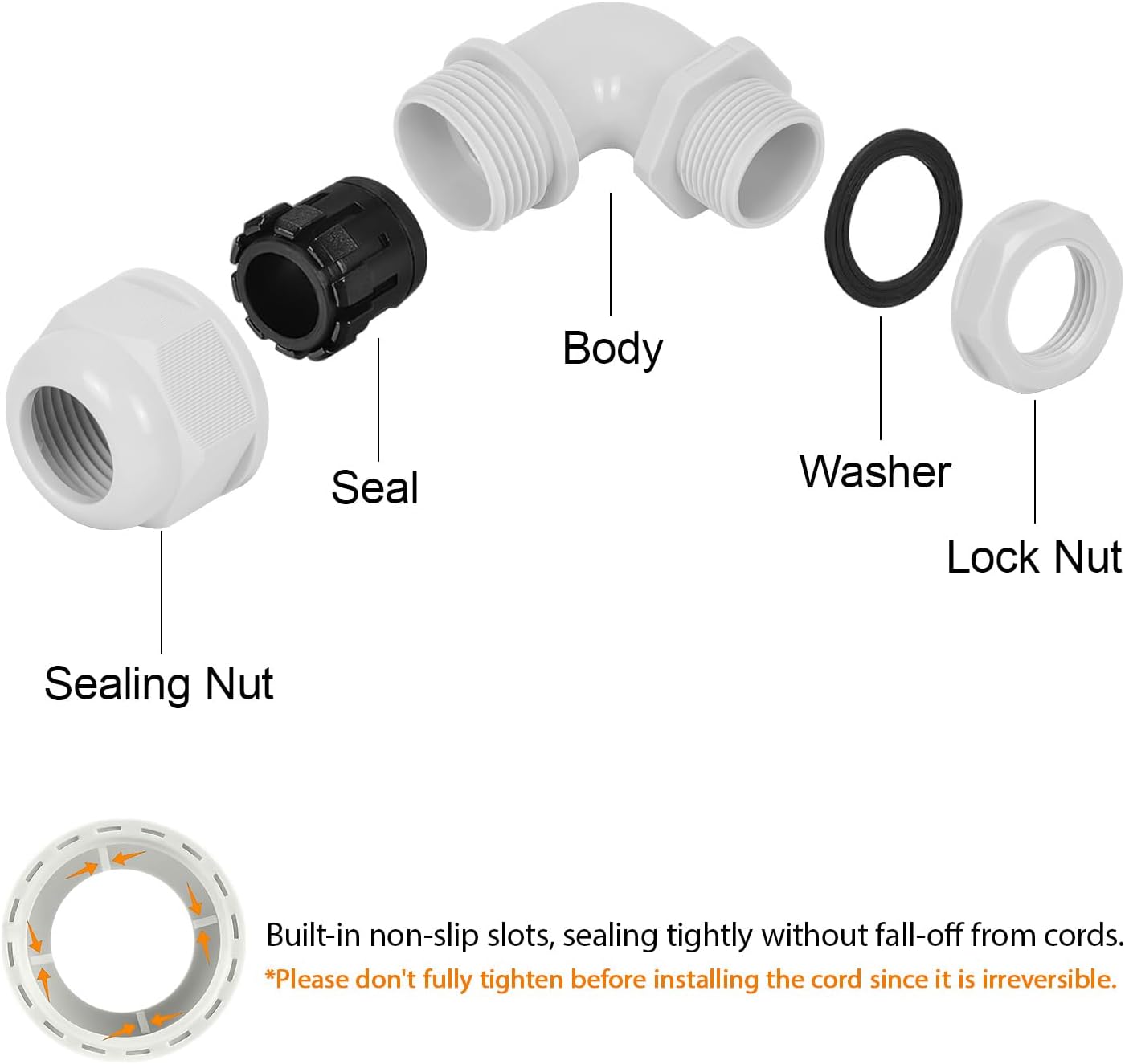 LeMotech M32 Cable Gland, 90 Degree Adjustable 18-25mm Strain Relief, Cord Connectors Nylon Joints with Gaskets, 2 Pcs, Grey
