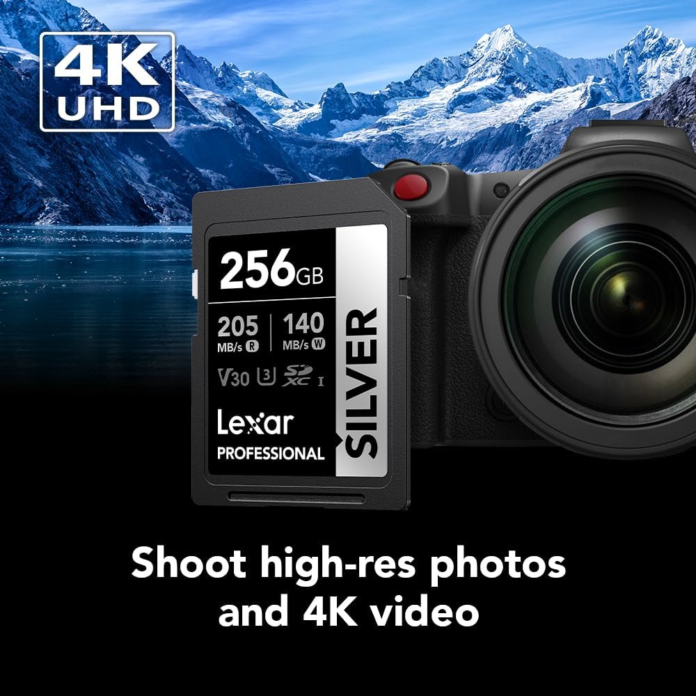 Lexar 256GB Professional Silver SD Card, UHS-I, C10, U3, V30, 4K, Up to 205/140 MB/s SDXC Memory Card, for Professional Photographer, Videographer, Enthusiast (LSDSILV256G-BNNNU)