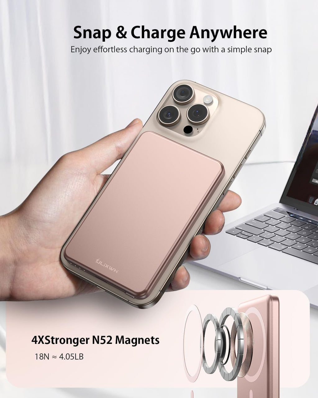 [0.3" Ultra Slim] [Alloy-Made] ULiXWH for Magsafe Portable Charger for iPhone, 2025 Upgrade 5000mAh Fast Charging Magnetic Power Bank, Wireless Battery Pack for iPhone 16 15 Pro Max 14 13 12, Pink