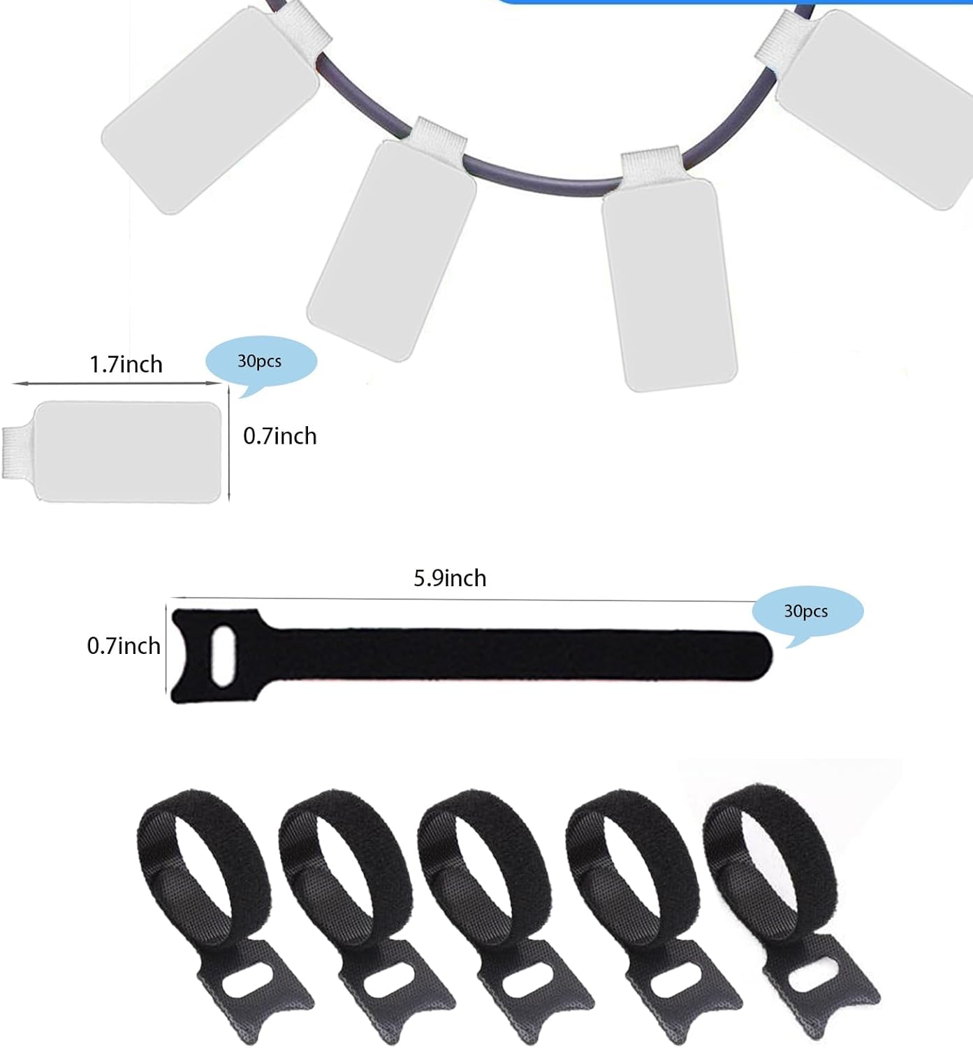 100 Pack Reusable Hook & Loop Cable Ties & Labels Kit - 50 Durable Cord/Wire Tags + 50 Self-Gripping Straps for Electronics Organizing, Home Office Cord Management (White & Black)