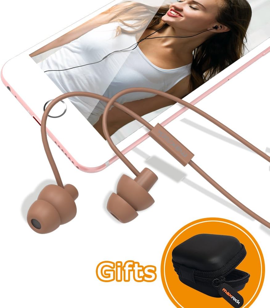 MAXROCK Sleeping Headphones, in-Ear Soundproof Earplug Soft Earbuds with Mic Noise Cancelling Sleep Earphones for Side Sleeper, Insomnia, Snoring, Air Travel, Bedtime Listening… (Coffee)