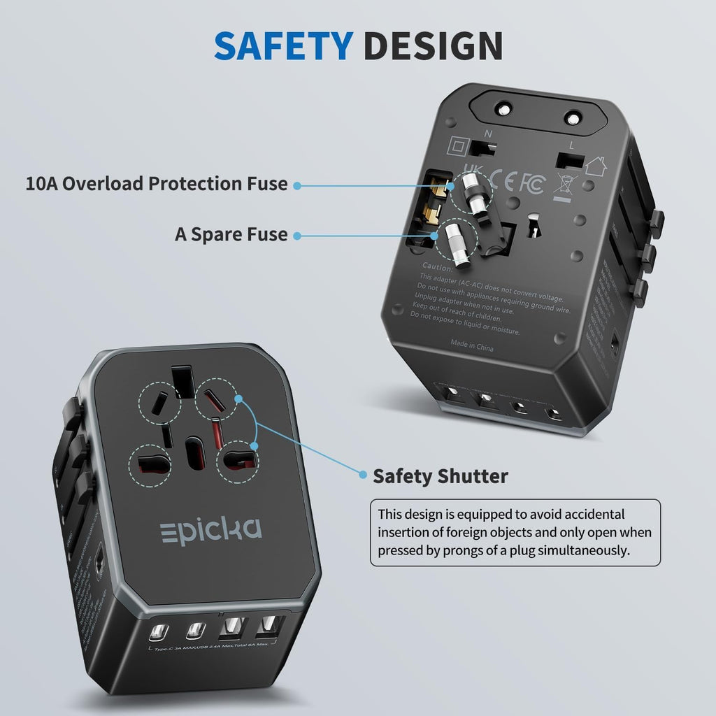 EPICKA Universal Travel Adapter, International Power Adapter with 2 USB-A & 3 USB-C Ports Wall Charger - Worldwide Travel Essentials, European Travel Plug Adapter for UK/US/AU (TA-105C, Black)