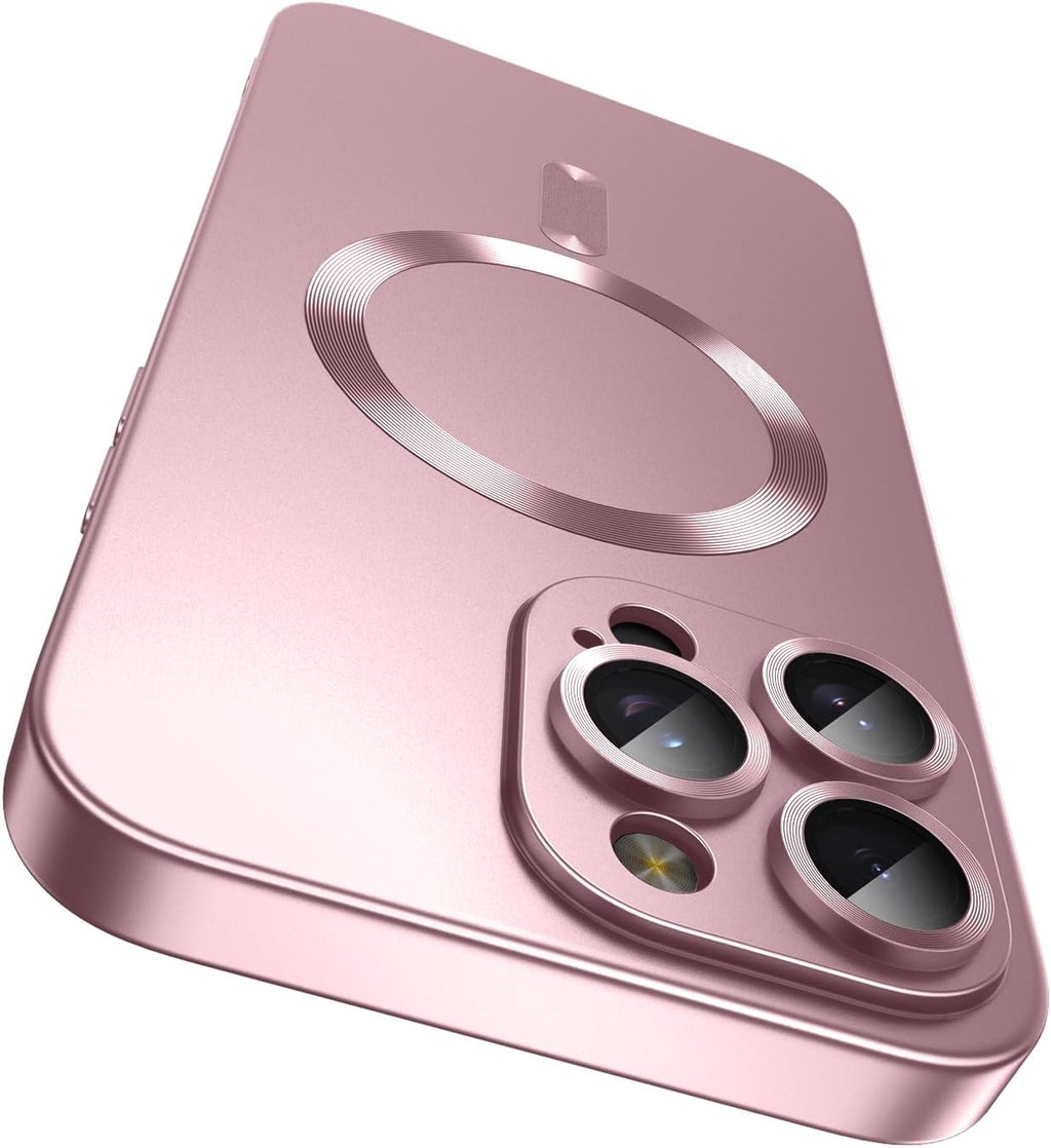 Magnetic for iPhone 16 Pro Case [Compatible with MagSafe][Built-in Camera Lens Protector] Slim Soft Silicone Bumper Shockproof Metallic Luster Phone Case (Rose Gold)
