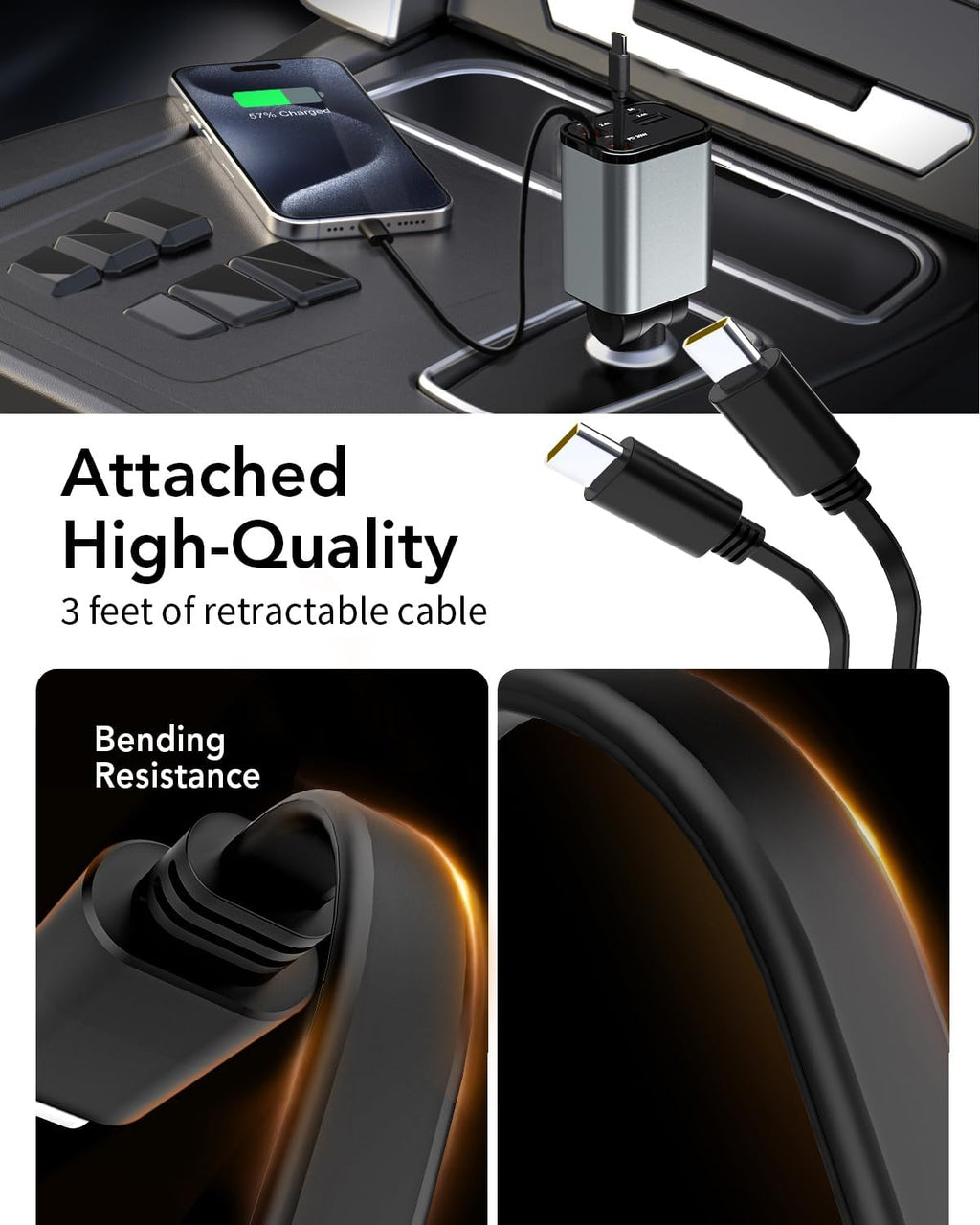 Retractable Car Charger, 4 in 1 Fast Car Phone Charger 66W, 2 Retractable Cables and 2 USB Port, Compatible with iPhone 16/15/14/13/12/11,Galaxy,Pixel