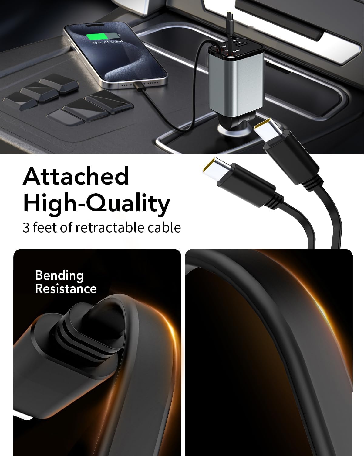 Retractable Car Charger, 4 in 1 Fast Car Phone Charger 66W, 2 Retractable Cables and 2 USB Port, Compatible with iPhone 16/15/14/13/12/11,Galaxy,Pixel