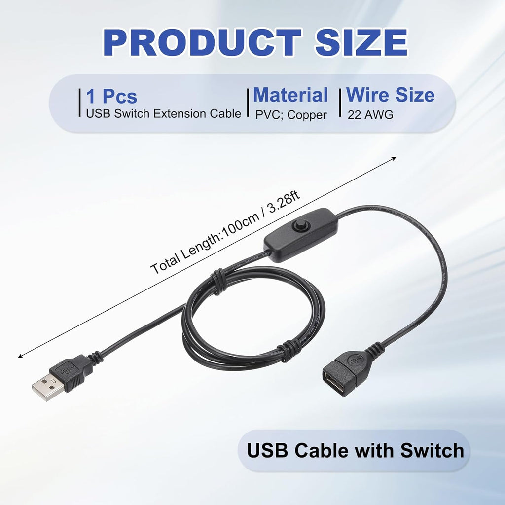 MECCANIXITY USB Extension Cable with ON/Off Button Switch 1m USB Male to Female Extension Cord for Desk Lamp Fan LED Light Strip Black Pack of 1