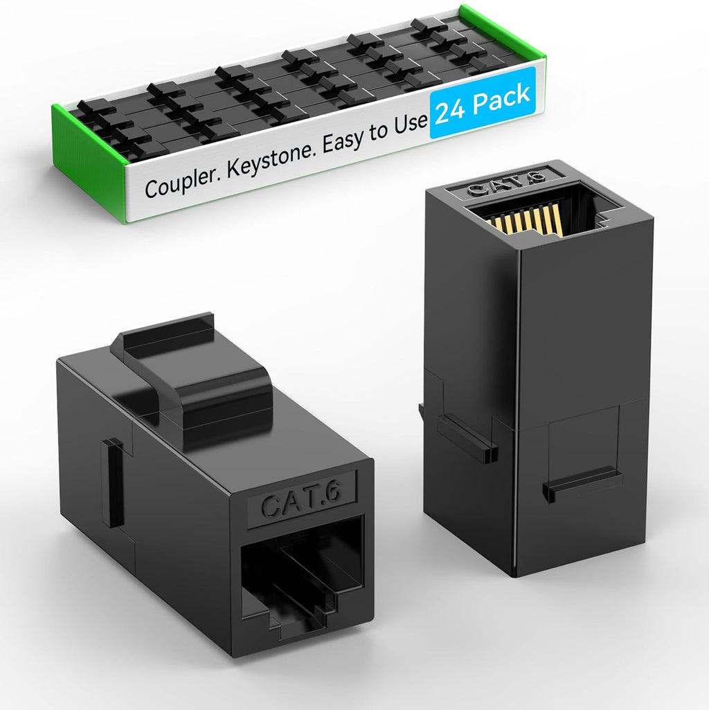 CAT6 RJ45 Keystone Coupler (24 Pack), Cat6 Keystone Jack Female to Female, Cat 6 Inline Keystone Jacks for Wall Plate & Patch Panel, RJ45 Ethernet Coupler Black