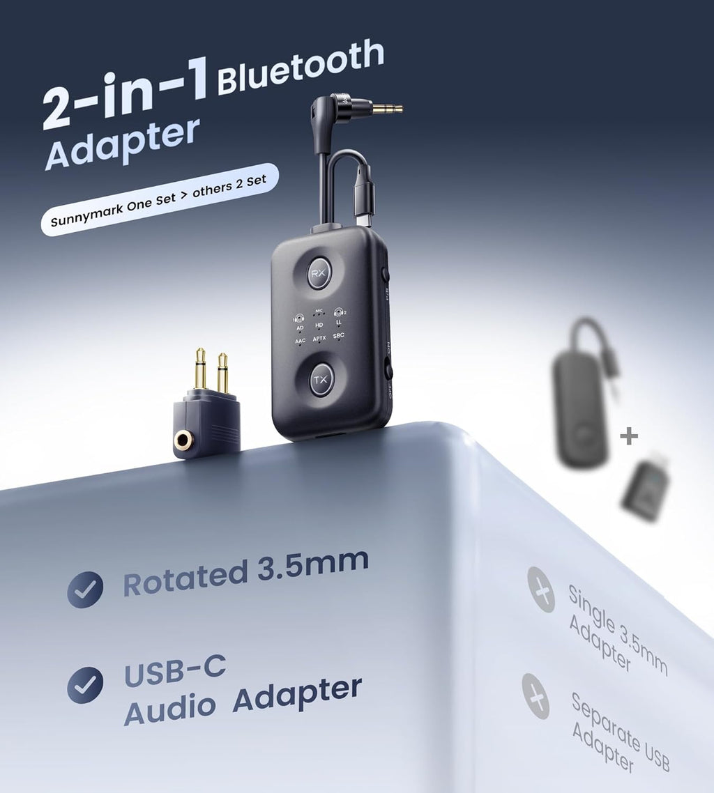 Unique Design Bluetooth 5.4 Transmitter Receiver with Qualcomm aptX Adaptive for Dual AirPods/Headphones, 3.5mm Aux Jack & USB C Bluetooth Adapter for Airplane/TV/PS5/Gym/Phone/Tablet/Car(for Flight)