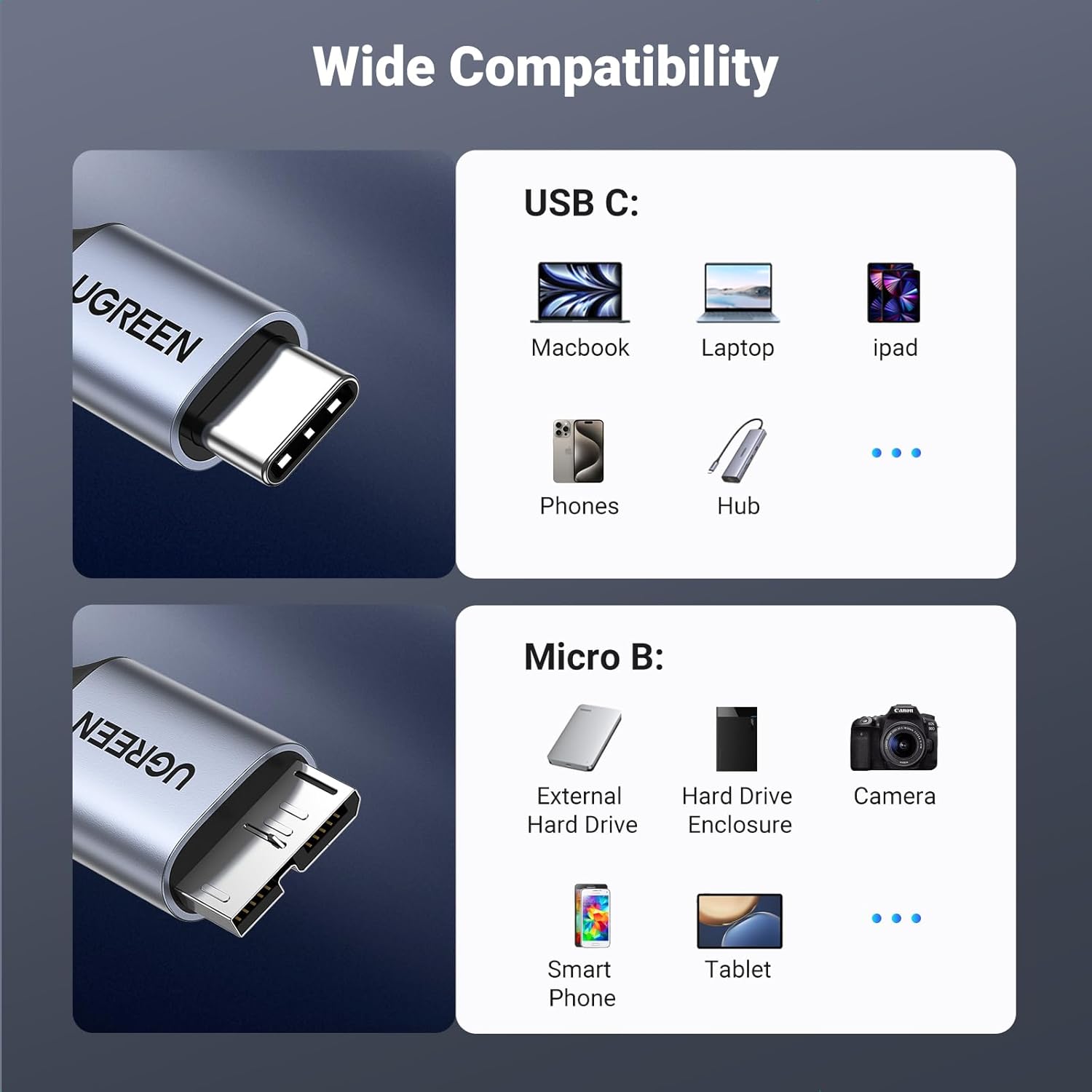 UGREEN 10 Gbps Micro B to USB C Hard Drive Cables, 3.3FT USB C to Micro B, External Hard Drive Cable Compatible with MacBook Pro/Air, iPad/Tablet, iPhone, Samsung Galaxy S24, WD Seagate etc