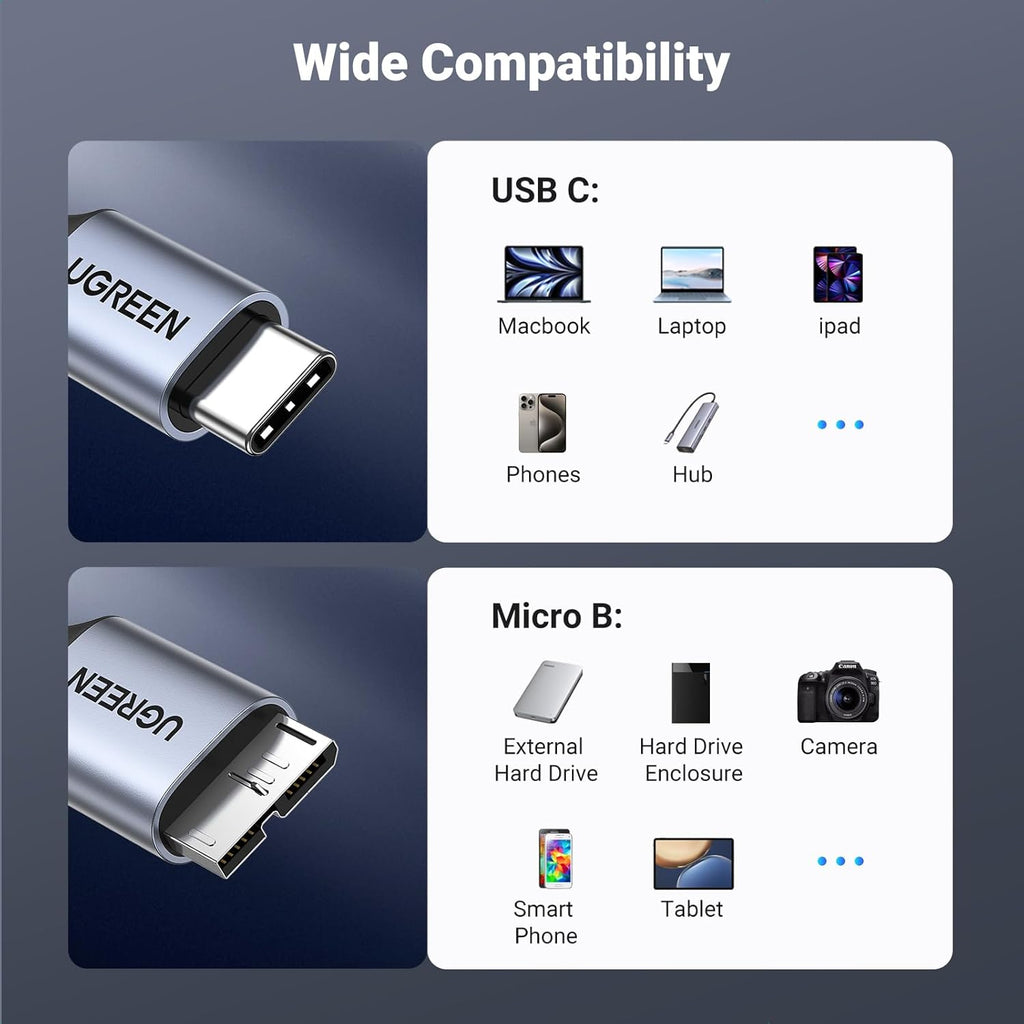 UGREEN 10 Gbps Micro B to USB C Hard Drive Cables, 6.6FT USB C to Micro B, External Hard Drive Cable Compatible with MacBook Pro/Air, iPad/Tablet, iPhone, Samsung Galaxy S24, WD Seagate etc