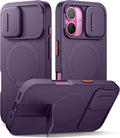 SURITCH for iPhone 16 Case with Magnetic Camera Slide Cover and Adjustable Kickstand, Compatible with MagSafe, Shockproof Bumper Case Slim Protective Cover 6.1 Inch, Dark Purple