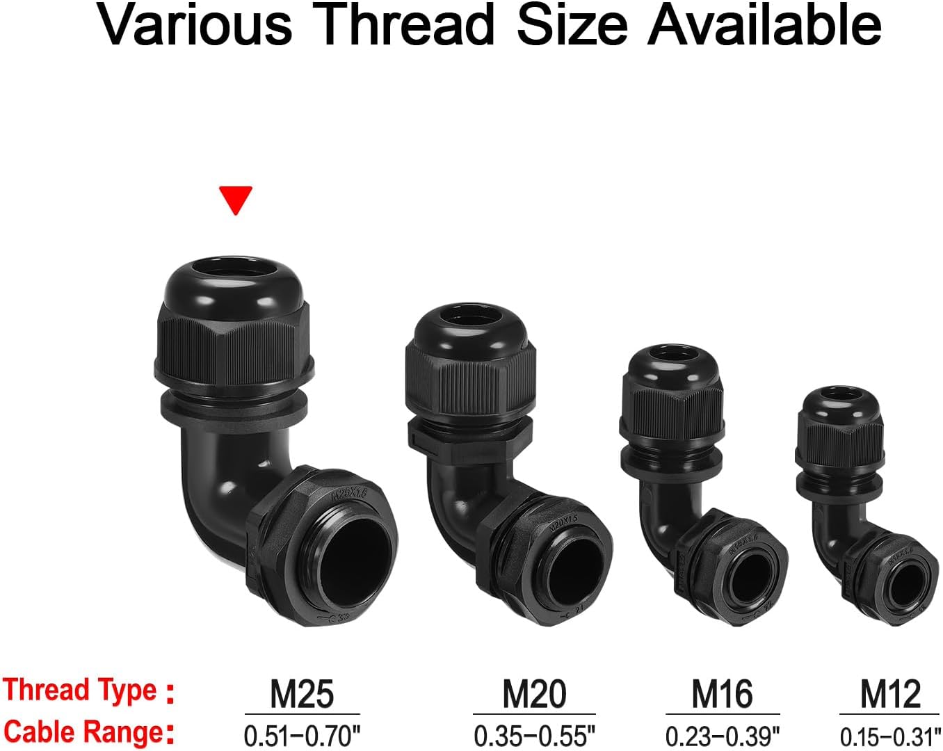 LeMotech M25 Cable Gland, 90 Degree Adjustable 13-18mm Strain Relief, Cord Connectors Nylon Joints with Gaskets, 2 Pcs, Black