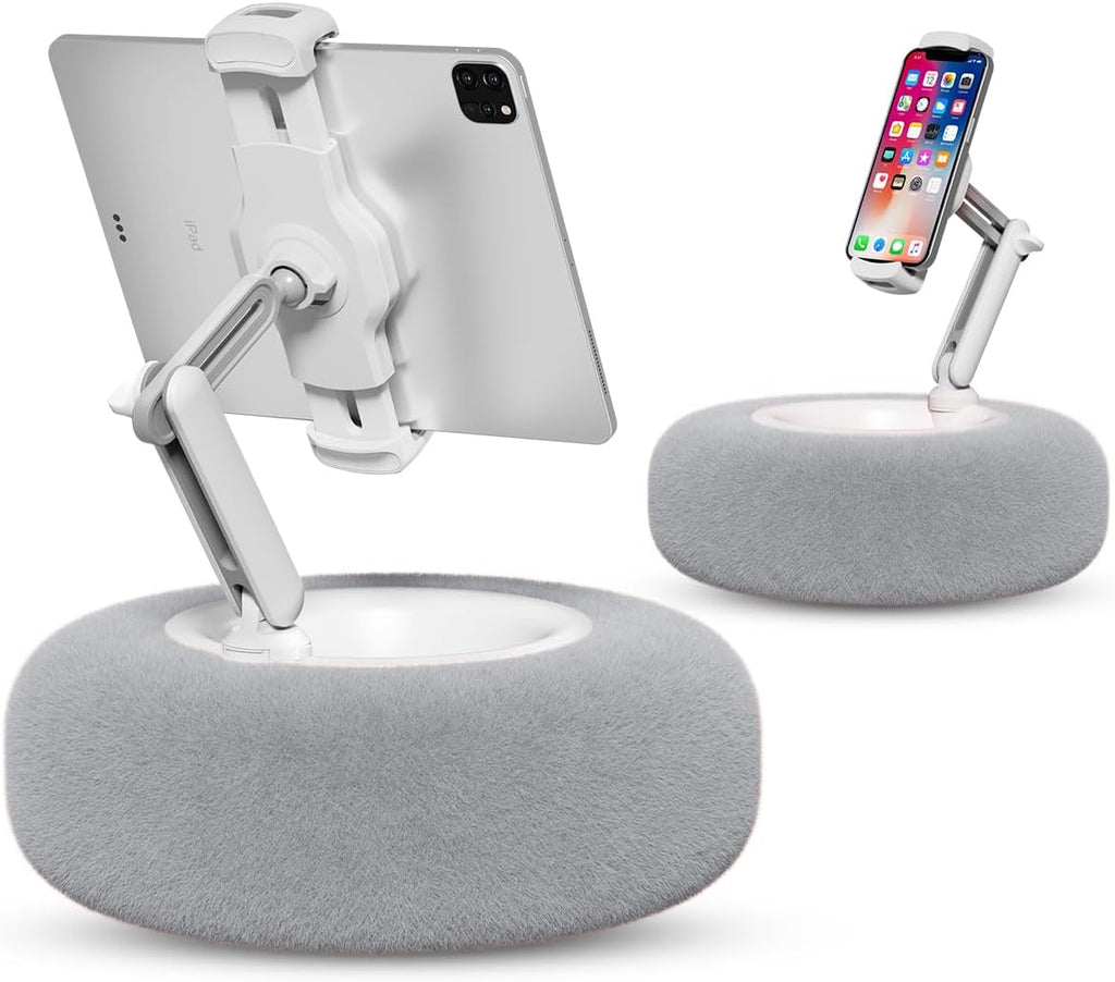 Viozon Tablet Stand Pillow, Compatible with 4.7"-13" Phone/Tablet, iPad, iPhone, Samsung, Google, Kindle, 360°Adjustable Phone Holder for Bed with Soft Plush Fabric, and Detachable Bowl, Grey