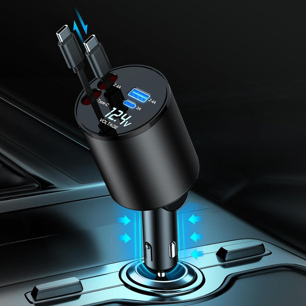 Retractable Car Charger, 4 in 1 Super Fast Car Phone Charger 60W, 2 Retractable Cables and 2 USB Ports Car Charger Adapter,Compatible with iPhone 16/15/14/13/12/11,Air-Pods 4,Galaxy,Pixel