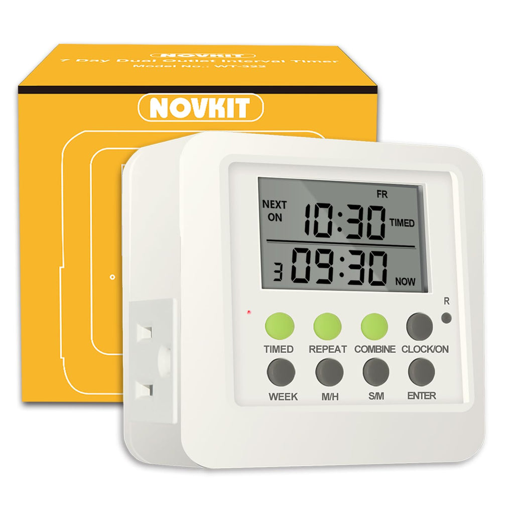 3-in-1 Dual Outlet Timer Plug with Interval Cycle for Indoor, 7 Day 24 Hour Programmable Digital Repeat Timer Switch(15A, 1875W)