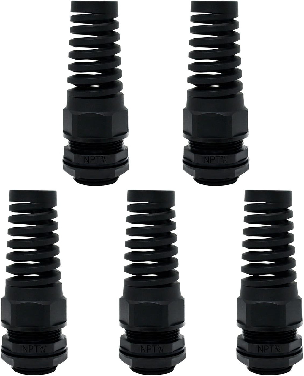 LeMotech 5Pcs NPT 3/4" IP68 Waterproof Cable Gland Flex Spiral Strain Relief Black Nylon Joint with Gaskets for 13-18mm Wire Thread
