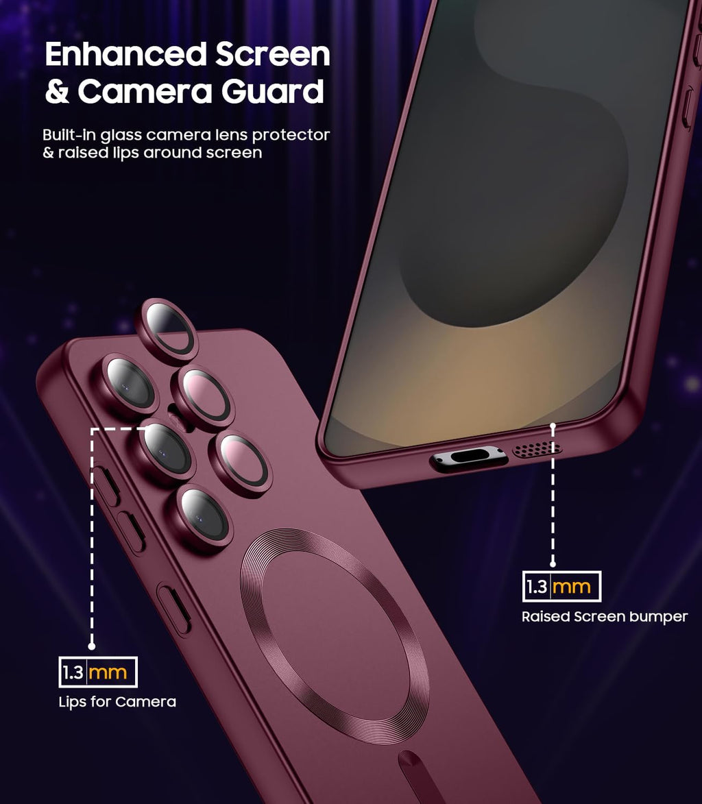 Magnetic for Samsung Galaxy S25 Case [Compatible with MagSafe][Built-in Camera Lens Protector] Slim Soft Silicone Bumper Shockproof Metallic Luster Phone Shell (Burgundy)