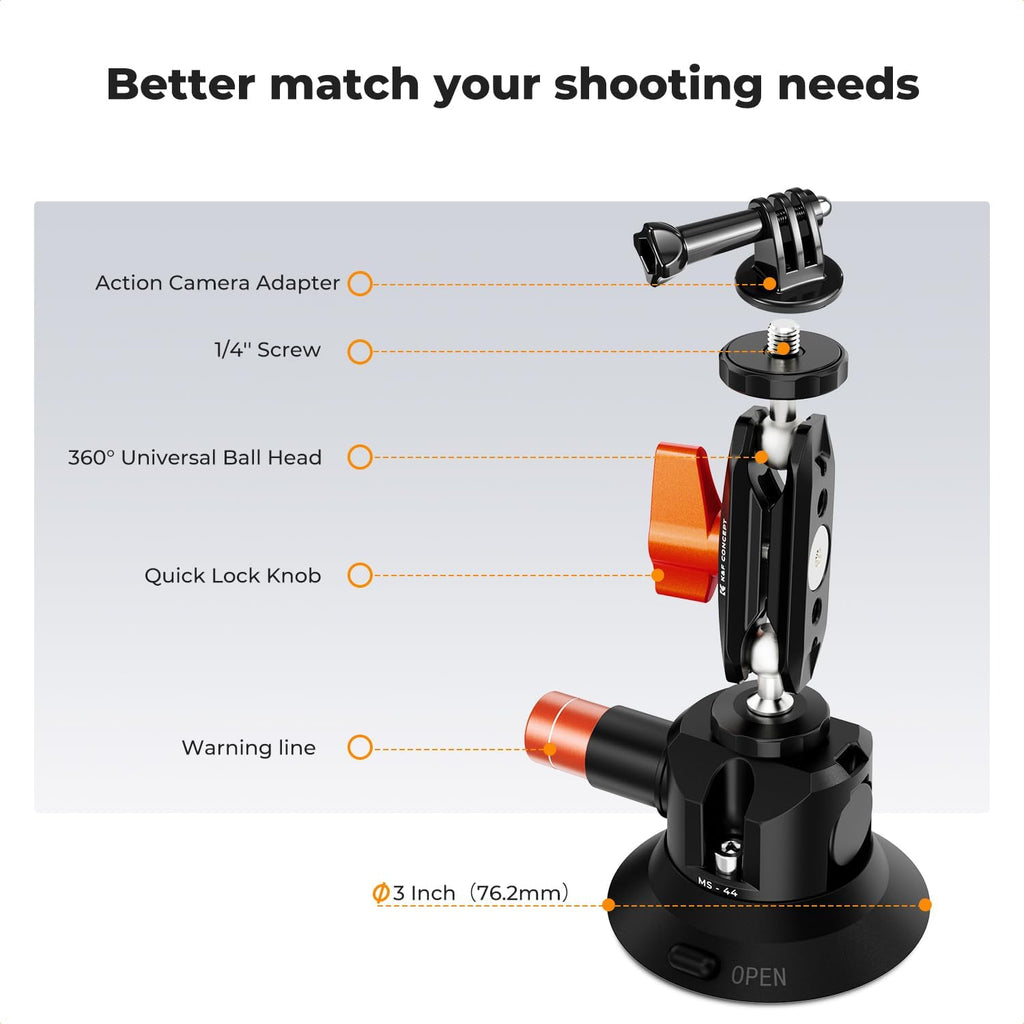 K&F Concept 3" Suction Cup Mount with 360° Double Ball Head Magic Arm, 1/4" Screw Threads, Quick Release Car Mount Compatible with DJI Insta360 for Action Camera Phone Video