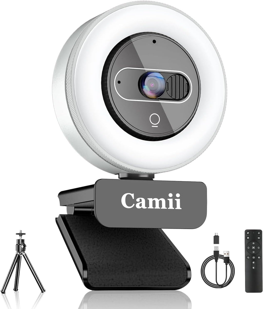 4K Webcam with Light, HD Webcam for PC with Remote Control, Built-in Privacy Cover, Adjustable Brightness, Noise Reduction Mics, for Zoom Skype Teams Laptop and Google Meet