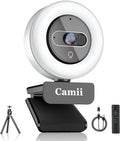 4K Webcam with Light, HD Webcam for PC with Remote Control, Built-in Privacy Cover, Adjustable Brightness, Noise Reduction Mics, for Zoom Skype Teams Laptop and Google Meet