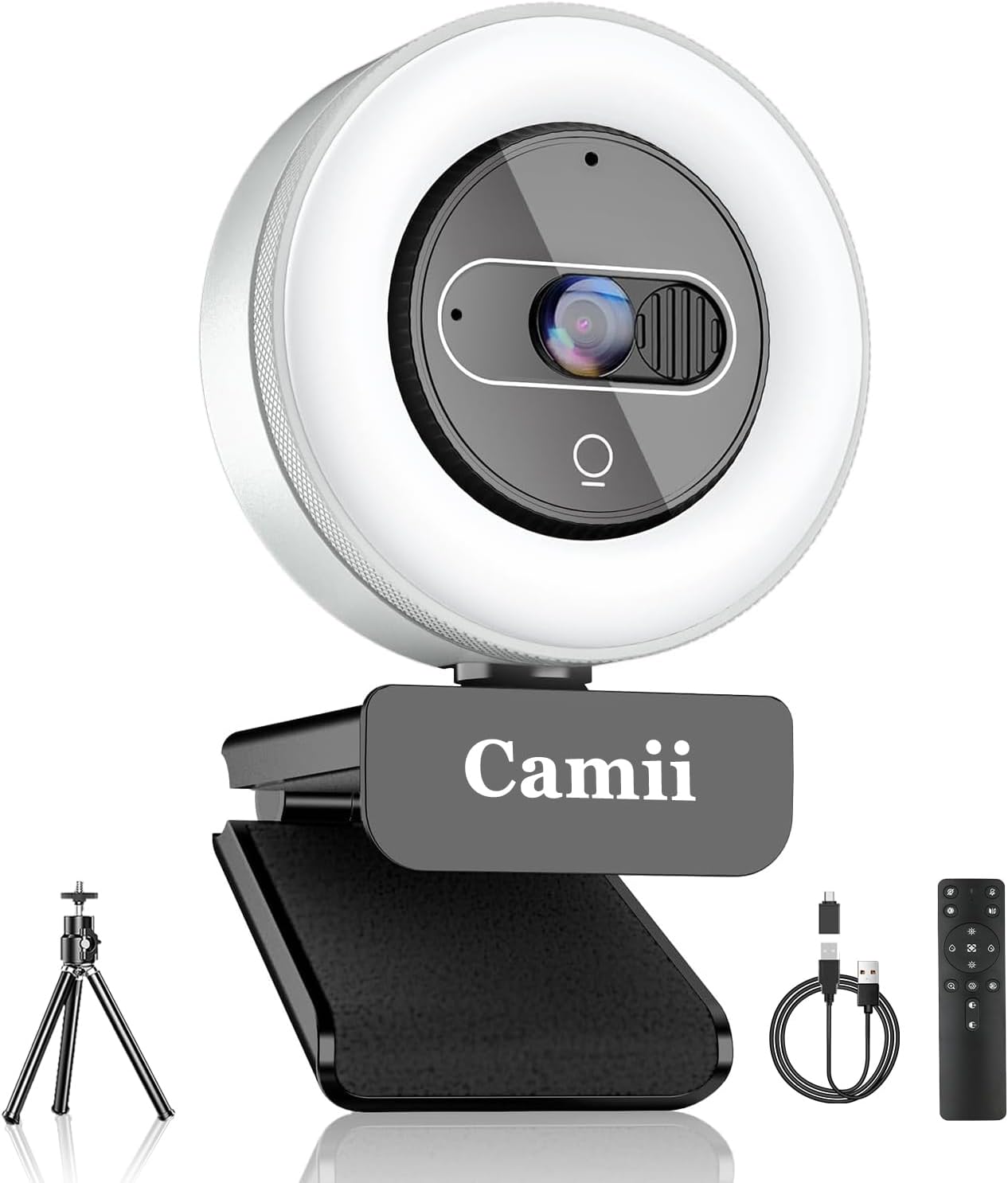 4K Webcam with Light, HD Webcam for PC with Remote Control, Built-in Privacy Cover, Adjustable Brightness, Noise Reduction Mics, for Zoom Skype Teams Laptop and Google Meet