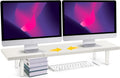 Dual-Monitor-Stand-Riser-For-Desk Adjustable Length 32-40 Inch，Large Desktop Computer Monitor Riser For 2 Screens，Desk Shelf Organizer Riser Stand For Computer/Laptop/PC/Printer/TV White