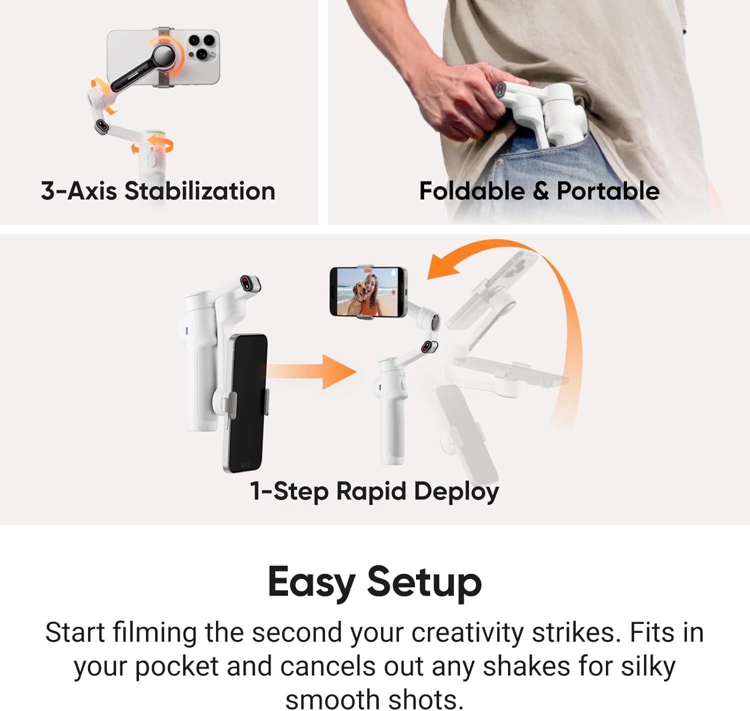 Insta360 Flow 2 Pro White - Foldable AI Phone Gimbal, Track in 200+ iOS Apps, Multi-Person & 360 Pan Tracking, Built-in Tripod/Selfie Stick, iPhone/Android Stabilizer