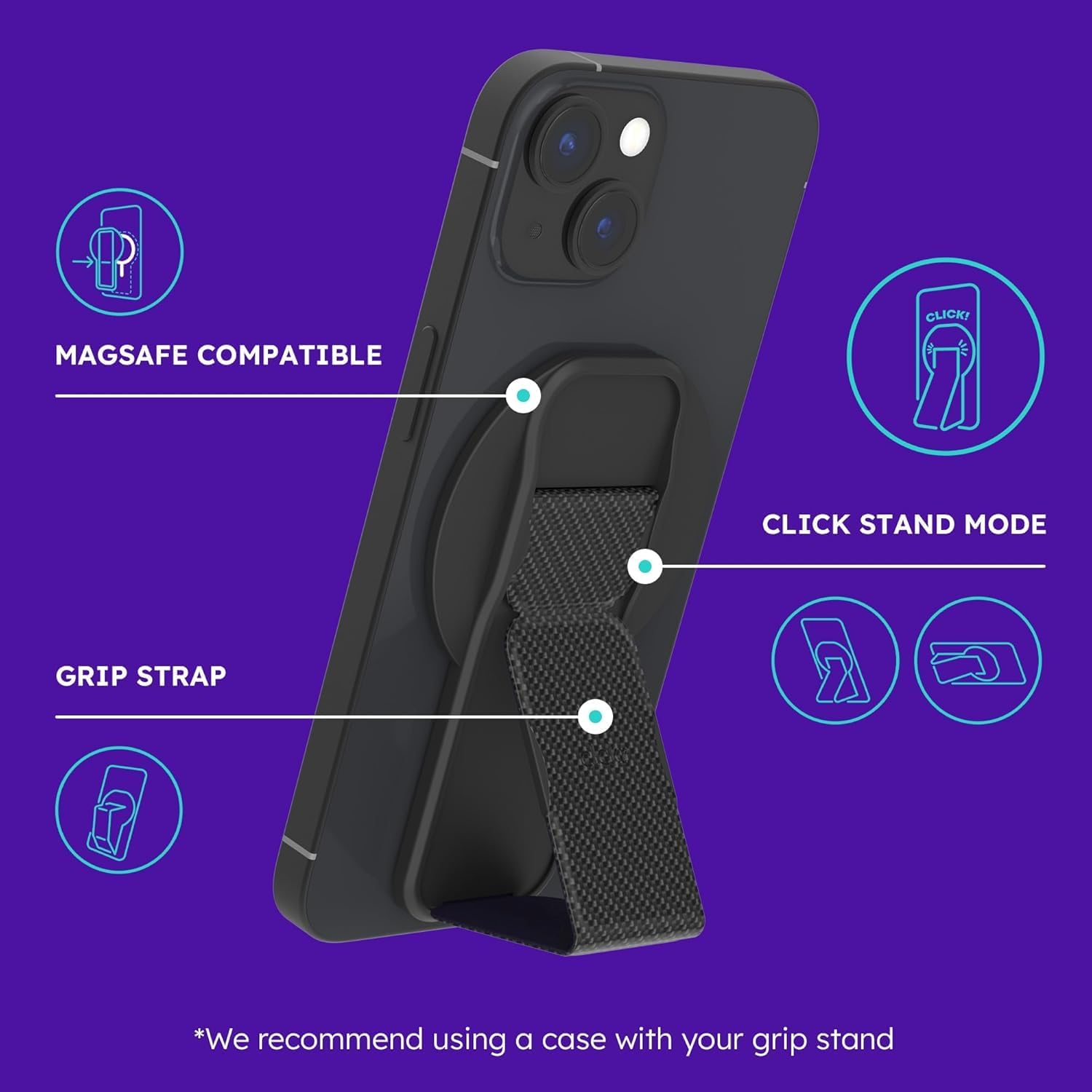 CLCKR for MagSafe Phone Grip for MagSafe Kickstand Compatible with Mag Safe Finger Loop, 3-in1 Phone Ring Holder Strap for Mag Safe iPhone 16/15/14/13/12 Series, Galaxy S25/S24/S23/S22, Pixel - Carbon