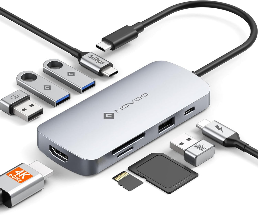USB C Hub, 9 in 1 USB C Multiport Adapter with 4K@60Hz HDMI, 5 USB Ports, 100W PD, SD/TF USB C Adapter, USB C to HDMI Adapter, USB C Dock for MacBook Pro/Air, HP, DELL, Lenovo, ASUS Laptops NOVOO