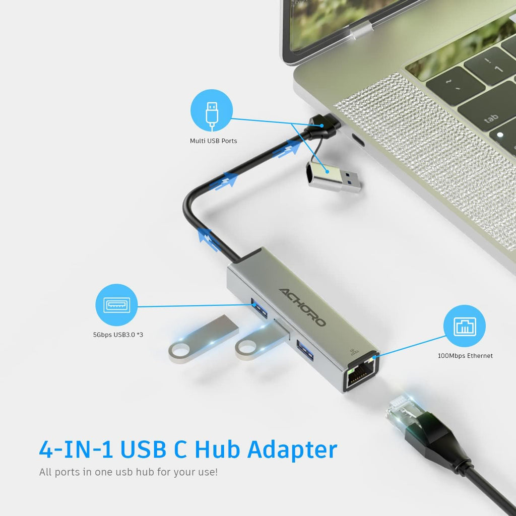 ACHORO USB Port Expender with LAN - Built in USB A & USB C to USB Port Ethernet Port Adapter - Multiple USB Port for PC, Mac - Aluminium Alloy Extra 3 USB Ports with RJ45 USB Hub (LAN & USB Ports)