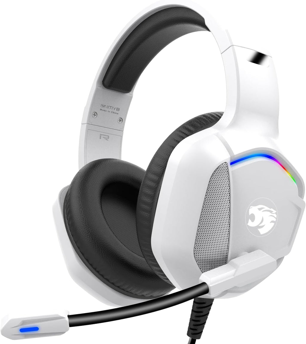 Gaming Headset with Microphone for Pc, Xbox One Series X/s, Ps4, Ps5, Switch, Stereo Wired Noise Cancelling Over-Ear Headphones with Mic, RGB, for Computer, Laptop, Mac, Nintendo, Gamer (White)