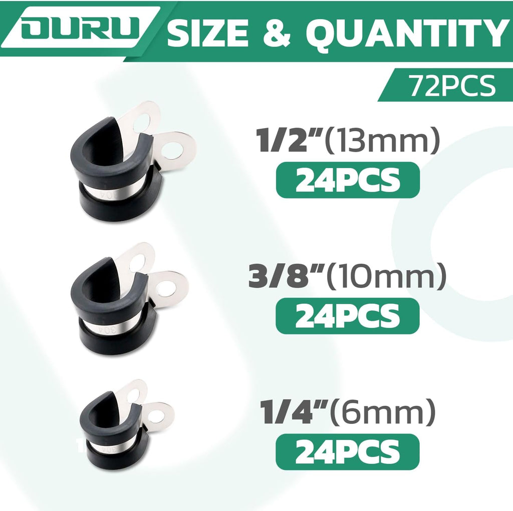 72PCS Stainless Steel Cable Clamp,Rubber Coated Cushioned Insulated Cable Clamps Assortment Kit-Metal Wire Clamps,Cable Clips,Pipe Clamps