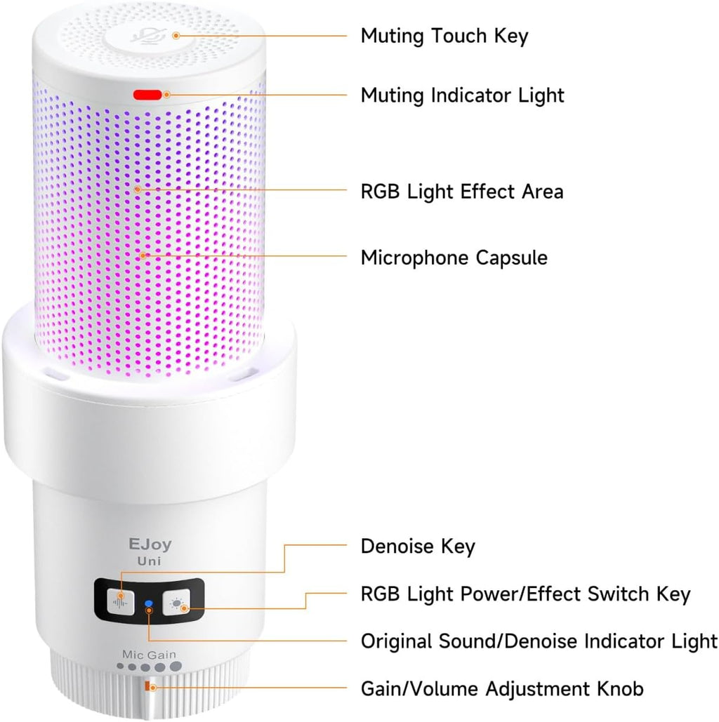 COMICA Wireless USB Microphone for Computer and Smartphone,48kHz/24bit RGB Cardioid Condenser Gaming Mic for Podcasting,Streaming,Recording,with Desktop Stand-White(EJoy Uni Pro D)