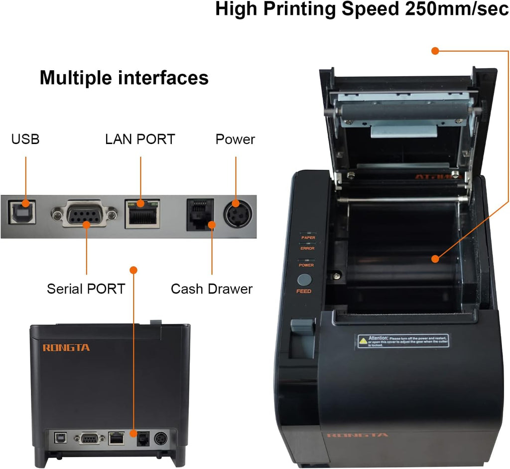 Rongta Thermal Receipt Printer, 80mm Receipt Printers, Thermal Pos Printer with Auto Cutter Support Cash Drawer,USB Serial Ethernet Support ESC/POS, Compatible with Windows/Mac/Linux