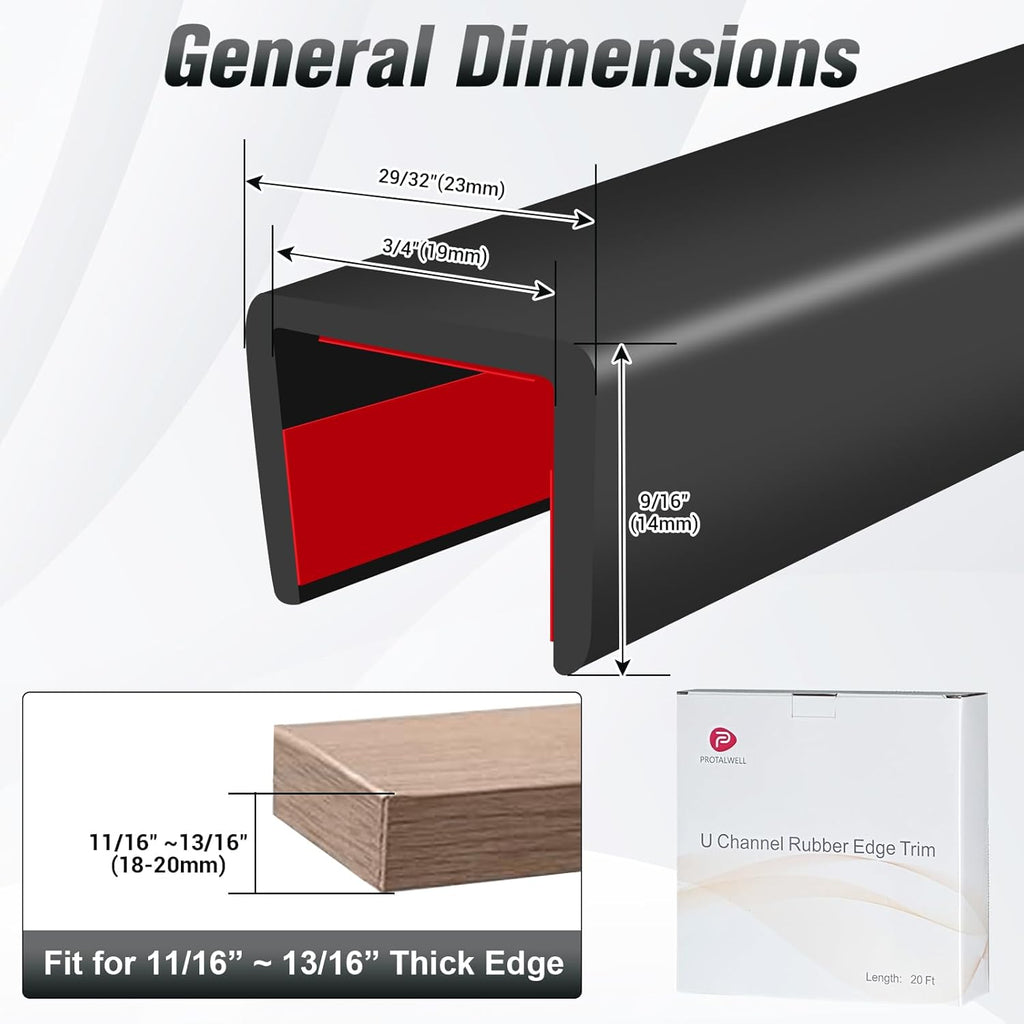 Rubber Edge Trim, Self Adhesive U Channel Edge Trim, Big Size U Shaped Trim, Edge Banding for Plywood, Woods, Shelf, Cabinet, Countertop, Fit for 3/4", Length 20Ft, Black