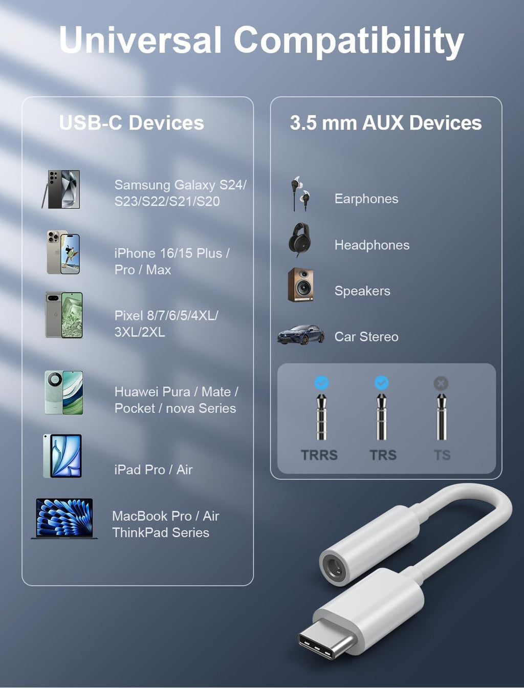 USB-C to 3.5mm Audio Headphone Adapter - HiFi 50 Pack Compatible with Apple iPhone 16 15 Samsung Galaxy S25 S24 S23 S22 S21 Plus Pro Max Ultra Pixel iPad - Type C to Aux Cord Jack Dongle Adapter