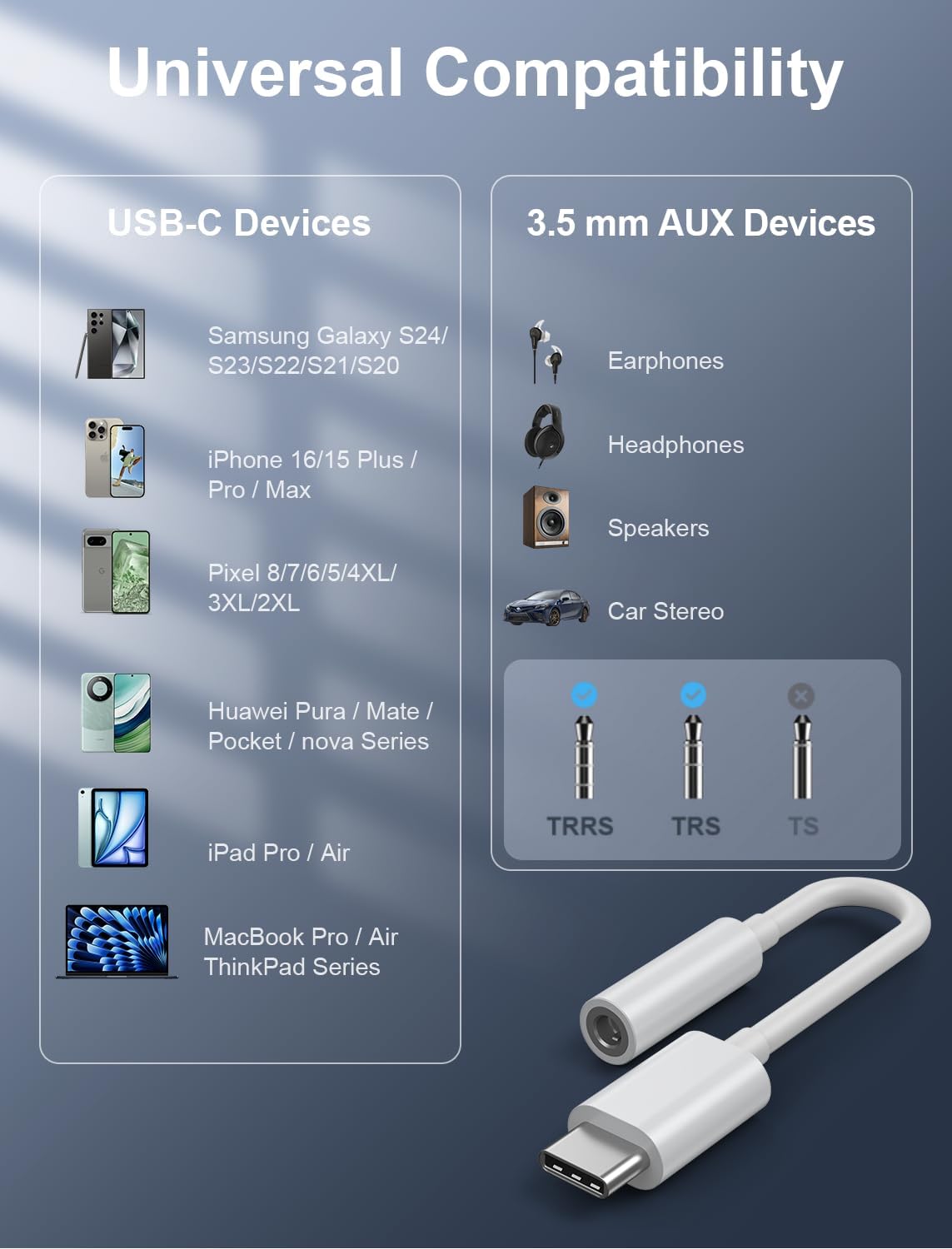 USB-C to 3.5mm Audio Headphone Adapter - HiFi 50 Pack Compatible with Apple iPhone 16 15 Samsung Galaxy S25 S24 S23 S22 S21 Plus Pro Max Ultra Pixel iPad - Type C to Aux Cord Jack Dongle Adapter