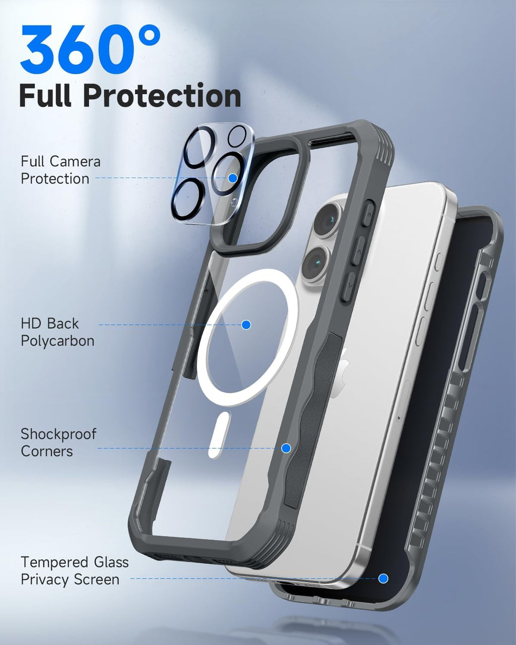 seacosmo for iPhone 16 Pro Case, Full Body Bumper with Built-in 9H Tempered Glass Privacy Screen Protector and Camera Lens Protector, Compatible with MagSafe, Shockproof Phone Cover, 6.3", Gray