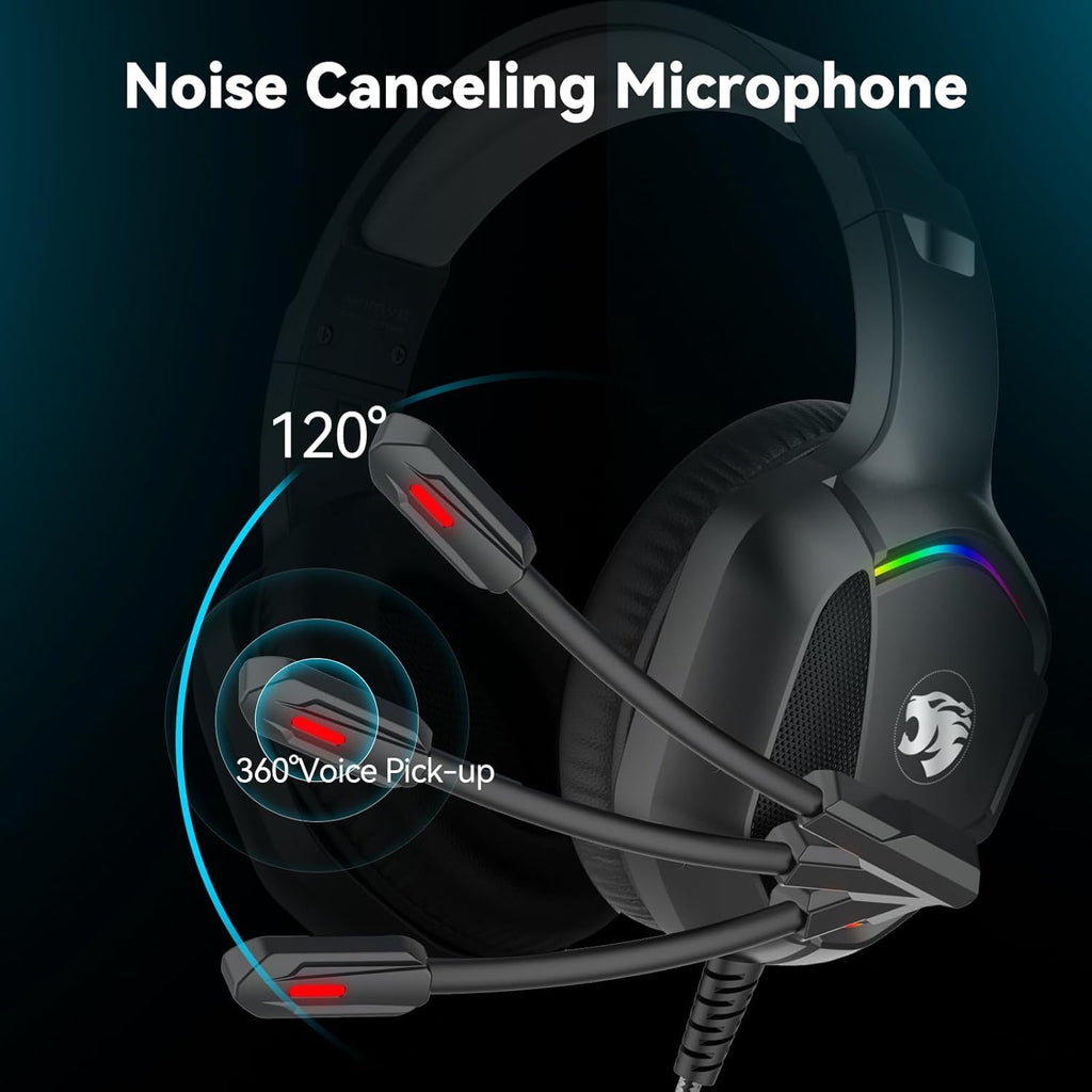 Gaming Headset with Microphone for Pc, Xbox One Series X/s, Ps4, Ps5, Switch, Stereo Wired Noise Cancelling Over-Ear Headphones with Mic, RGB, for Computer, Laptop, Mac, Nintendo, Gamer (Black)