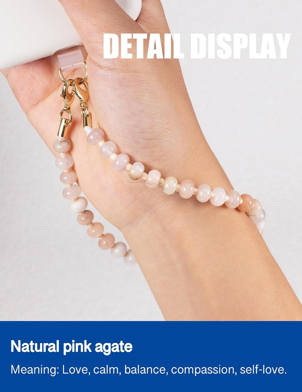 Handmade Natural Gemstone Crystal Beaded Charm Cell Phone Camera Lanyard, Hands-Free Wrist Strap, Phone Chain String, Keychain Decor for Walle (Pink Agate)