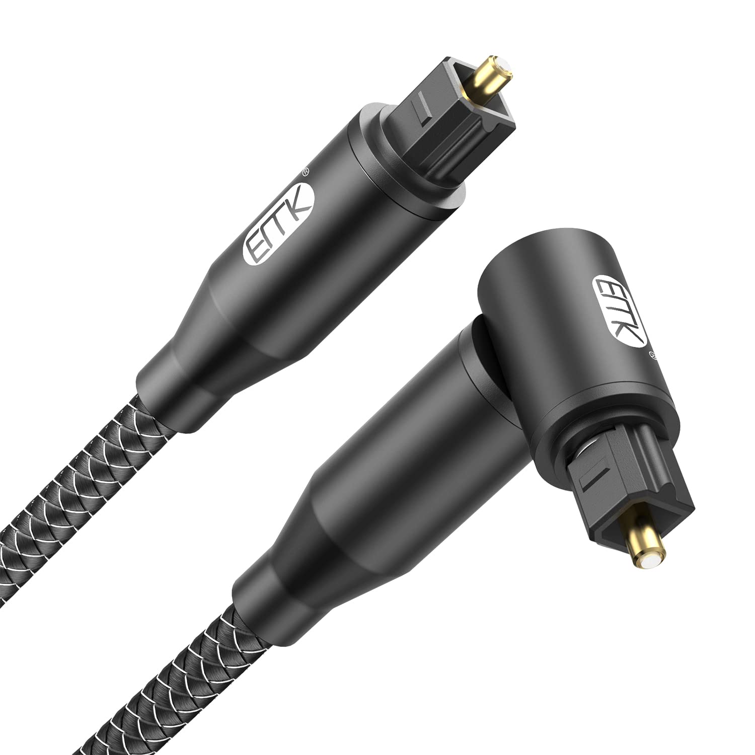 EMK 90 Degree Right Angle Optical Audio Cable [20ft/6M] - 360° Rotatable Digital Toslink SPDIF Cable for Soundbar to TV, Home Theater - Black Fiber Optic Cable with Angled Connector