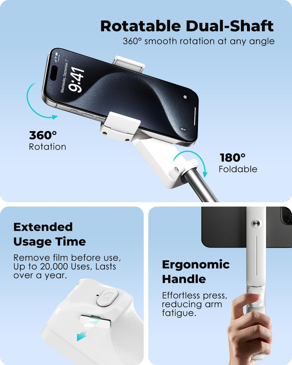 Viozon Portable Selfie Stick, Lightweight Extendable Stainless Steel Tube,All-in-One Compact Selfie Stick with Wireless Remote Compatible with 4-7" iPhone/Android Phones for Vlog/Travel/Filming, W