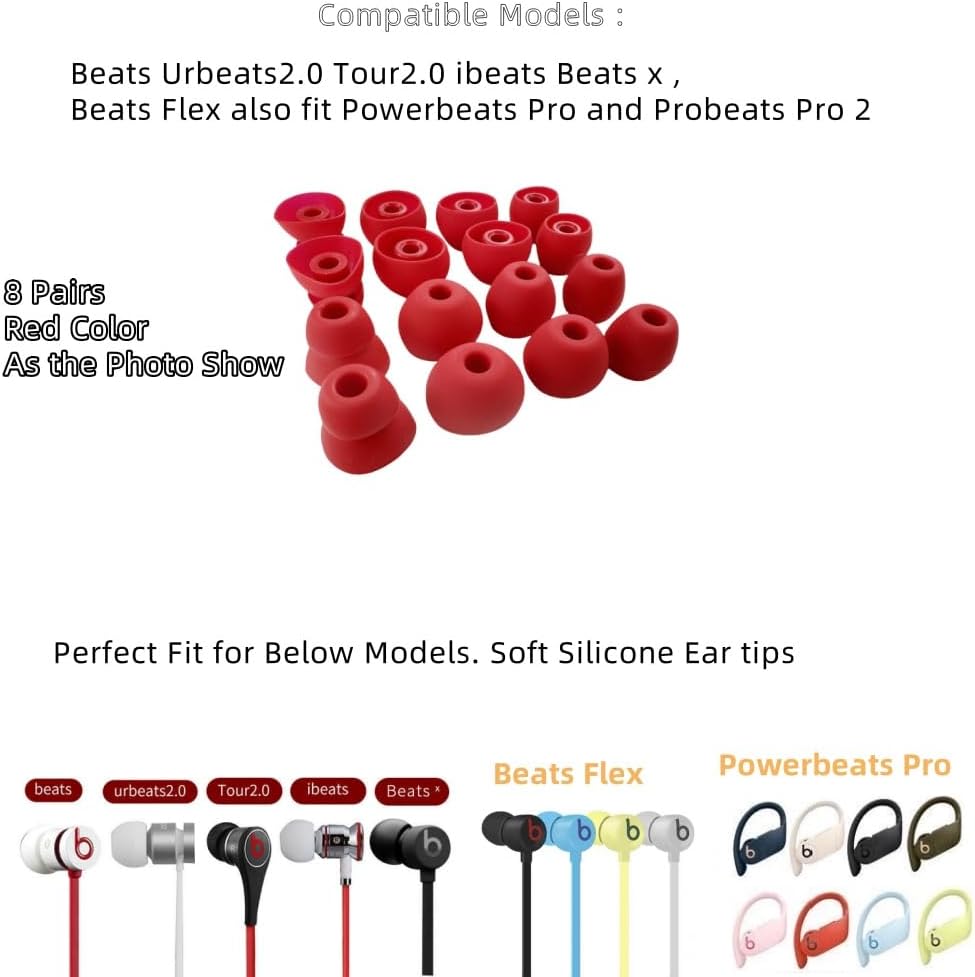 Replacement Ear Tips for Beats Urbeats2.0 Tour2.0 ibeats Beats x, Beats Flex Secure Fit for Powerbeats Pro Silicone Earbuds Washable Sweat-Resistant Noise Isolation 8 Pairs (Red)