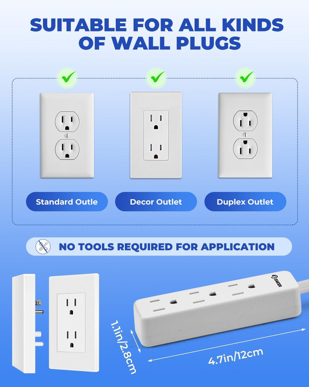 Saker Outlet Concealer Power Strip | 10ft Flat Plug Extension Cord with 3 Outlets,1625W | Universal Size Baby Proof Outlet Cover Extension Cord for Kitchen, Home and Office(10ft)