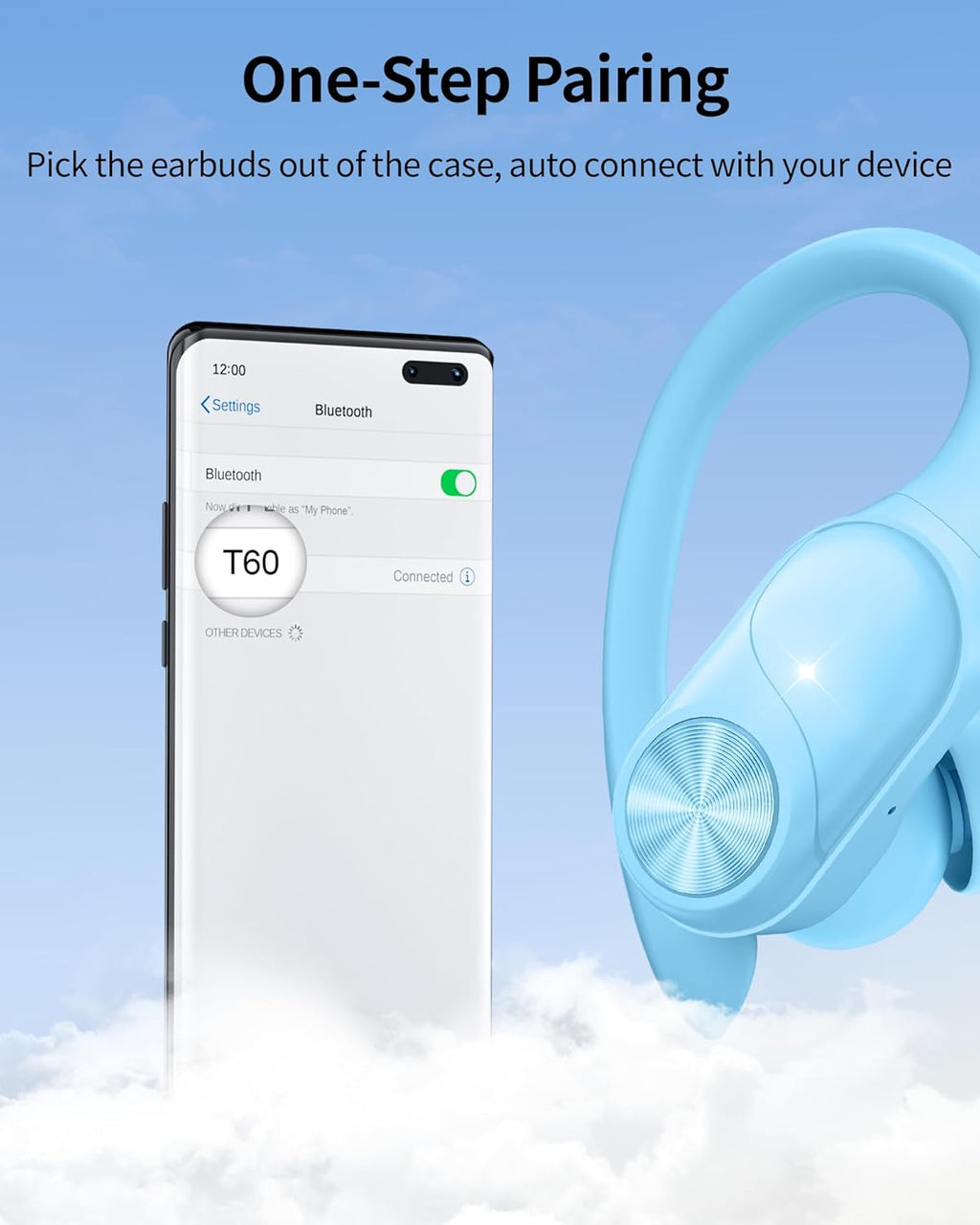 PocBuds Bluetooth Headphones Wireless Earbuds 80hrs Playtime Wireless Charging Case Digital Display Sports Ear Buds with Earhook Deep Bass IPX7 Waterproof Over-Ear Earphones for TV Phone Laptop Blue