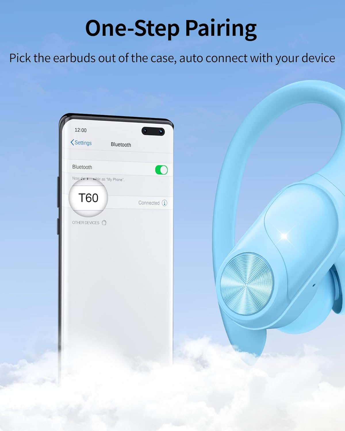 PocBuds Bluetooth Headphones Wireless Earbuds 80hrs Playtime Wireless Charging Case Digital Display Sports Ear Buds with Earhook Deep Bass IPX7 Waterproof Over-Ear Earphones for TV Phone Laptop Blue
