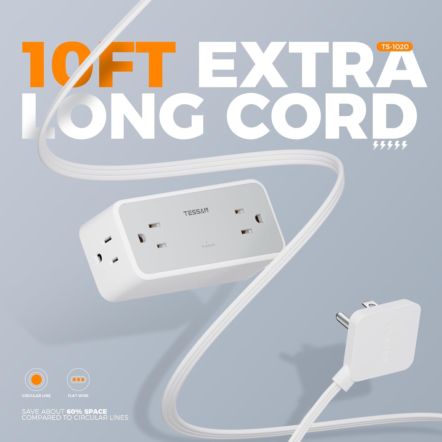 Surge Protector Power Strip, TESSAN Flat Plug Extension Cord 10 FT with 4 Wide Spaced AC Outlets, 900J Protection, Wall Mountable Charging Station for Home Office School Dorm Room Essentials